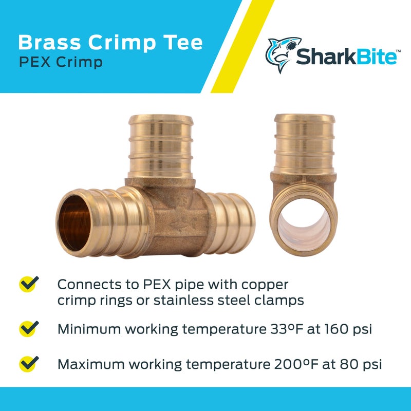 SharkBite 3/4 Inch Crimp Tee, Pack of 10, Brass Plumbing Fitting, PEX Pipe, PE-RT, UC370LFA10 - Image 4
